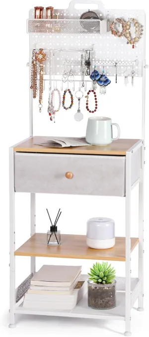 Night Stand with Jewelry Organizer Stand, Nightstand with Fabric Drawer, Bedside Table, Modern Nightstand for Bedroom, Side Table for Bedroom Dorm, Natural/White