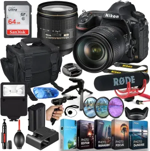 Nikon Intl. D850 DSLR Camera MFR#1585 & 24-120mm Lens Video Makers Bundle with Rode Mic Go  64GB Memory   Flash, Shoulder Bag, Grip Tripod, HD Filters, Video/Photo Software Package More (Renewed)