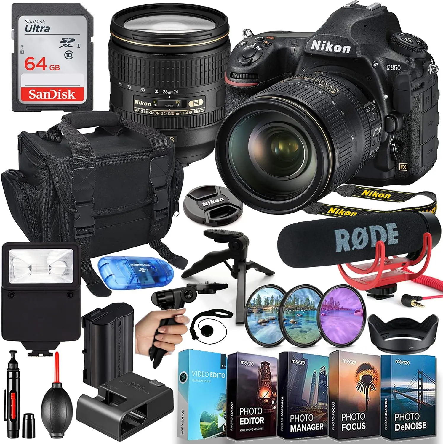 Nikon Intl. D850 DSLR Camera MFR#1585 & 24-120mm Lens Video Makers Bundle with Rode Mic Go  64GB Memory   Flash, Shoulder Bag, Grip Tripod, HD Filters, Video/Photo Software Package More (Renewed)