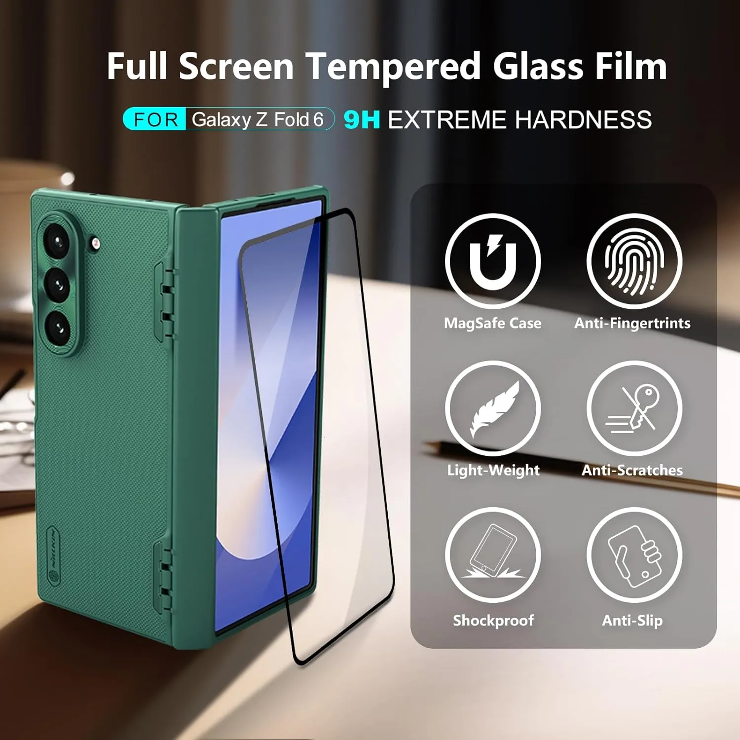 Nillkin for Samsung Galaxy Z Fold 6 Magnetic Case with Screen Protector, [Compatible with MagSafe][Hinge Protection] Frosted Texture Slim Fit Protective Phone Case for Galaxy Z Fold 6 Case Green