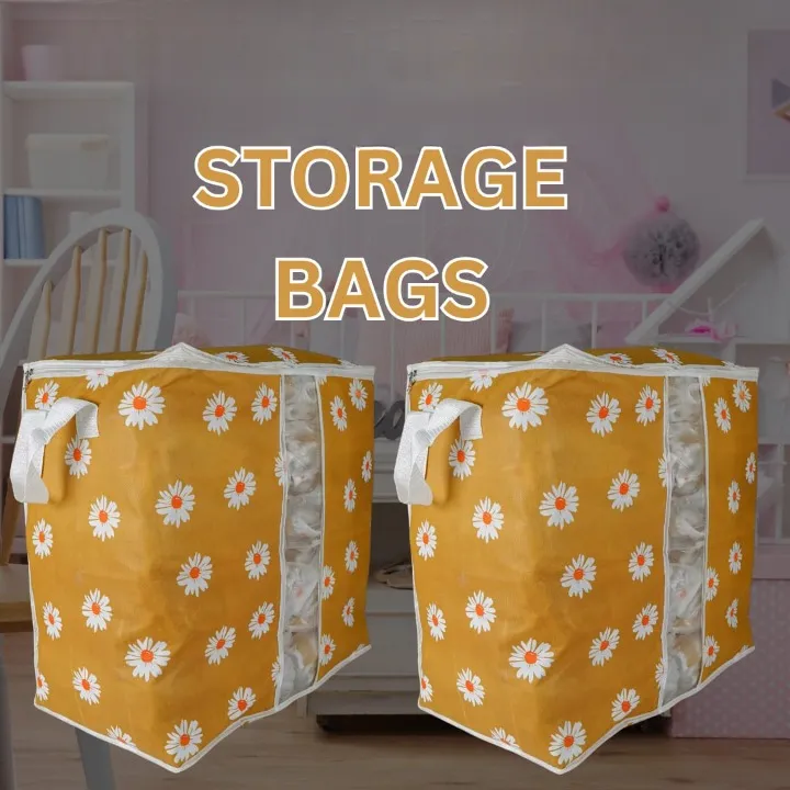 Non Woven Printed Storage bag | Cloth Organizer (Mustard/Blue)