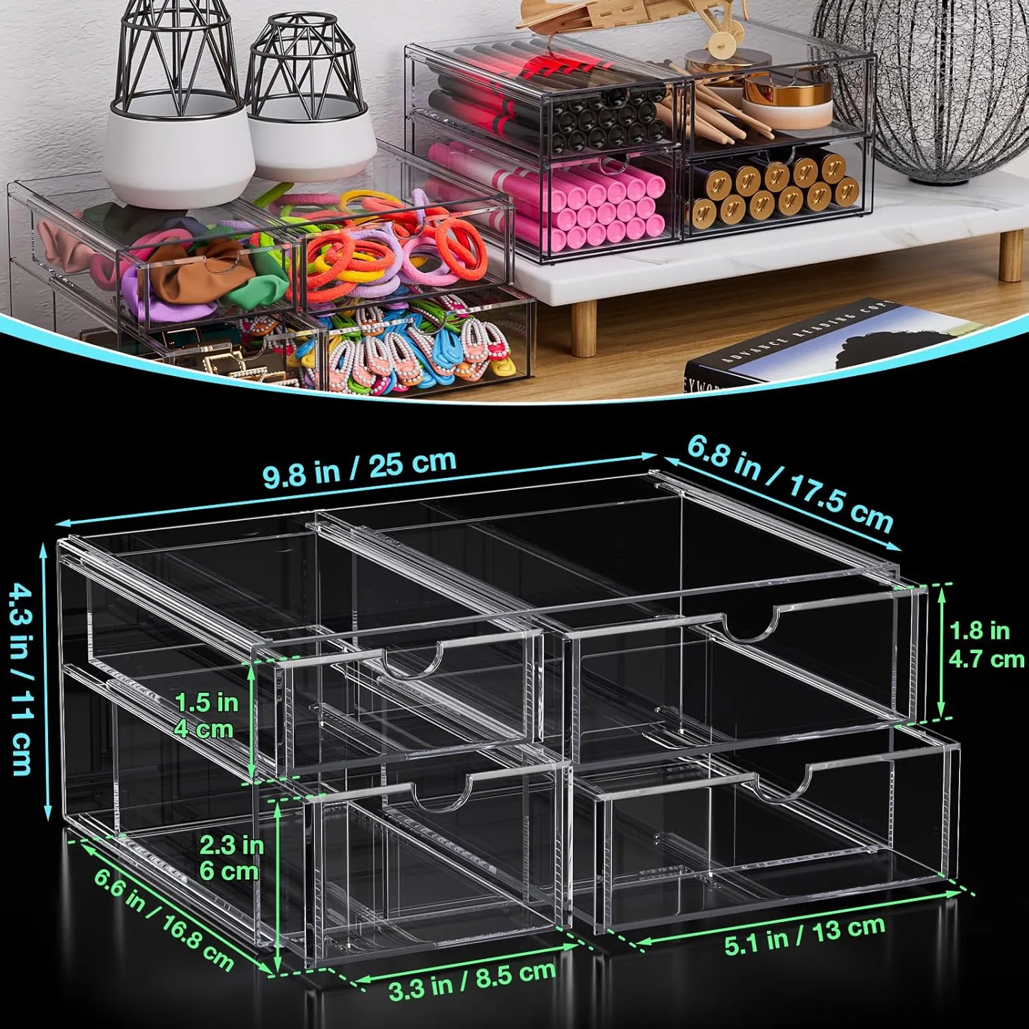 Noverlife Acrylic Hair Accessories Organizer with 4 Drawers, Clear Storage Drawers for Organizing Hair Ties/Jewelry/Sunglass, Stylish Make up Organizer Display & Office Bathroom Desktop Storage Case