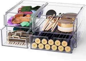 Noverlife Acrylic Hair Accessories Organizer with 4 Drawers, Clear Storage Drawers for Organizing Hair Ties/Jewelry/Sunglass, Stylish Make up Organizer Display & Office Bathroom Desktop Storage Case