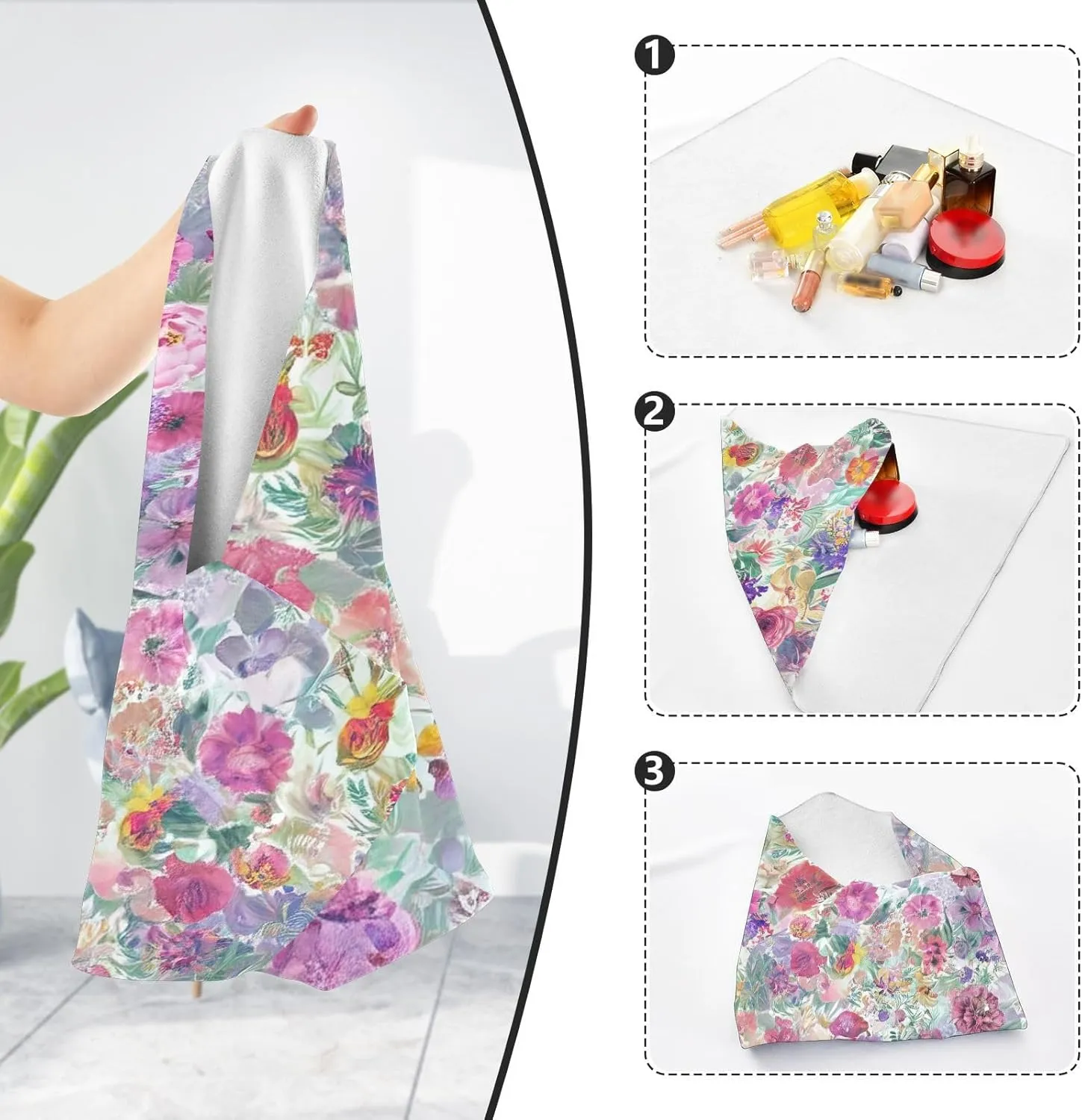 ODAWA Boho Floral Self Adhesive Cloth 21.7X21.7 Inch Cosmetic Bag Magic Cloth Portable Cosmetic Bag for Travelling