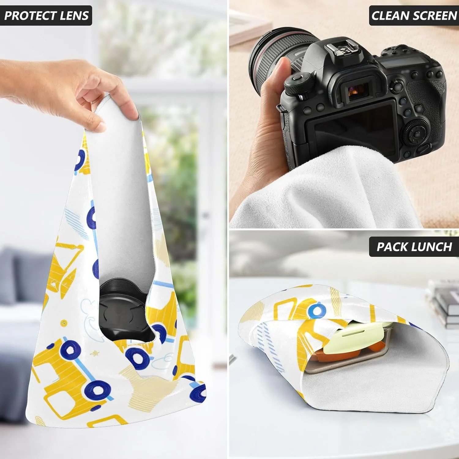 ODAWA Cute Yellow Construction Trucks Self Adhesive Cloth 21.7X21.7 Inch Cosmetic Bag Magic Cloth Wrap Protection for Camera and Lens
