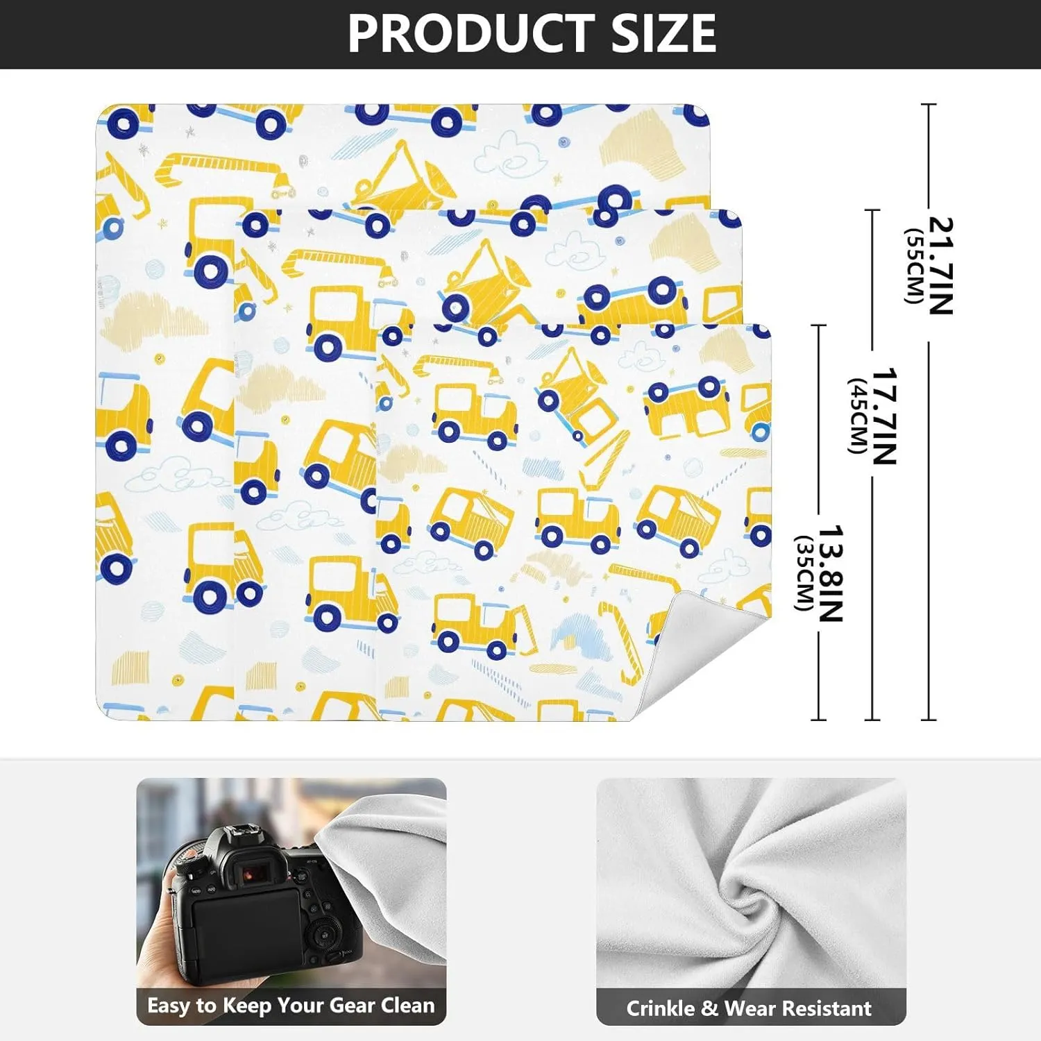 ODAWA Cute Yellow Construction Trucks Self Adhesive Cloth 21.7X21.7 Inch Cosmetic Bag Magic Cloth Wrap Protection for Camera and Lens
