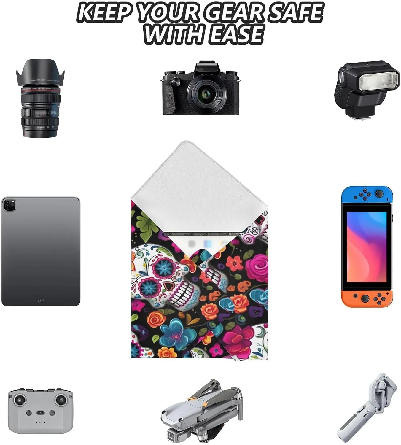 ODAWA Self-adhesive Cloth 21.7"x21.7" Colorful Skulls Flowers Anti-scratch Lens Camera Wrap Wrap Protection for Camera and Lens