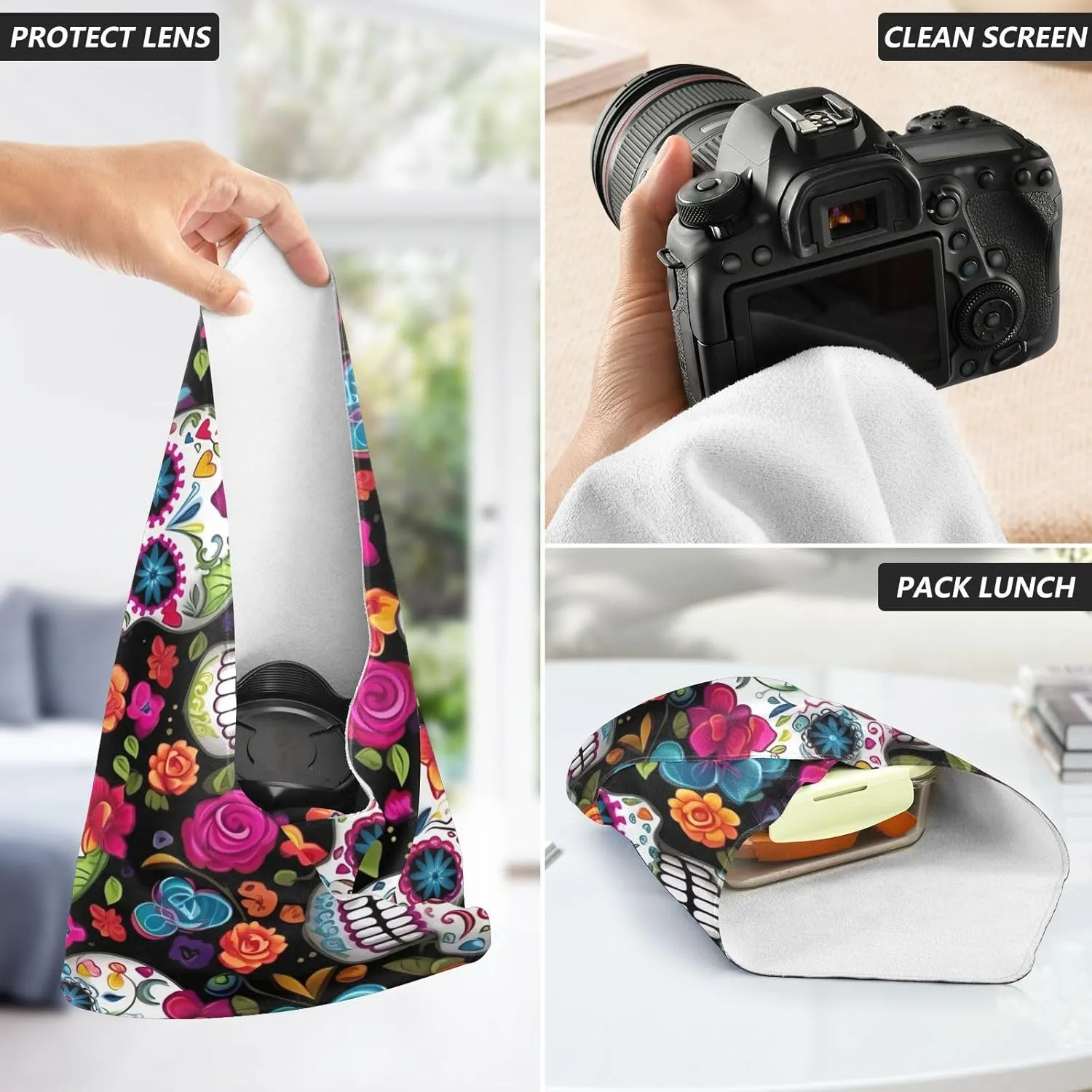 ODAWA Self-adhesive Cloth 21.7"x21.7" Colorful Skulls Flowers Anti-scratch Lens Camera Wrap Wrap Protection for Camera and Lens