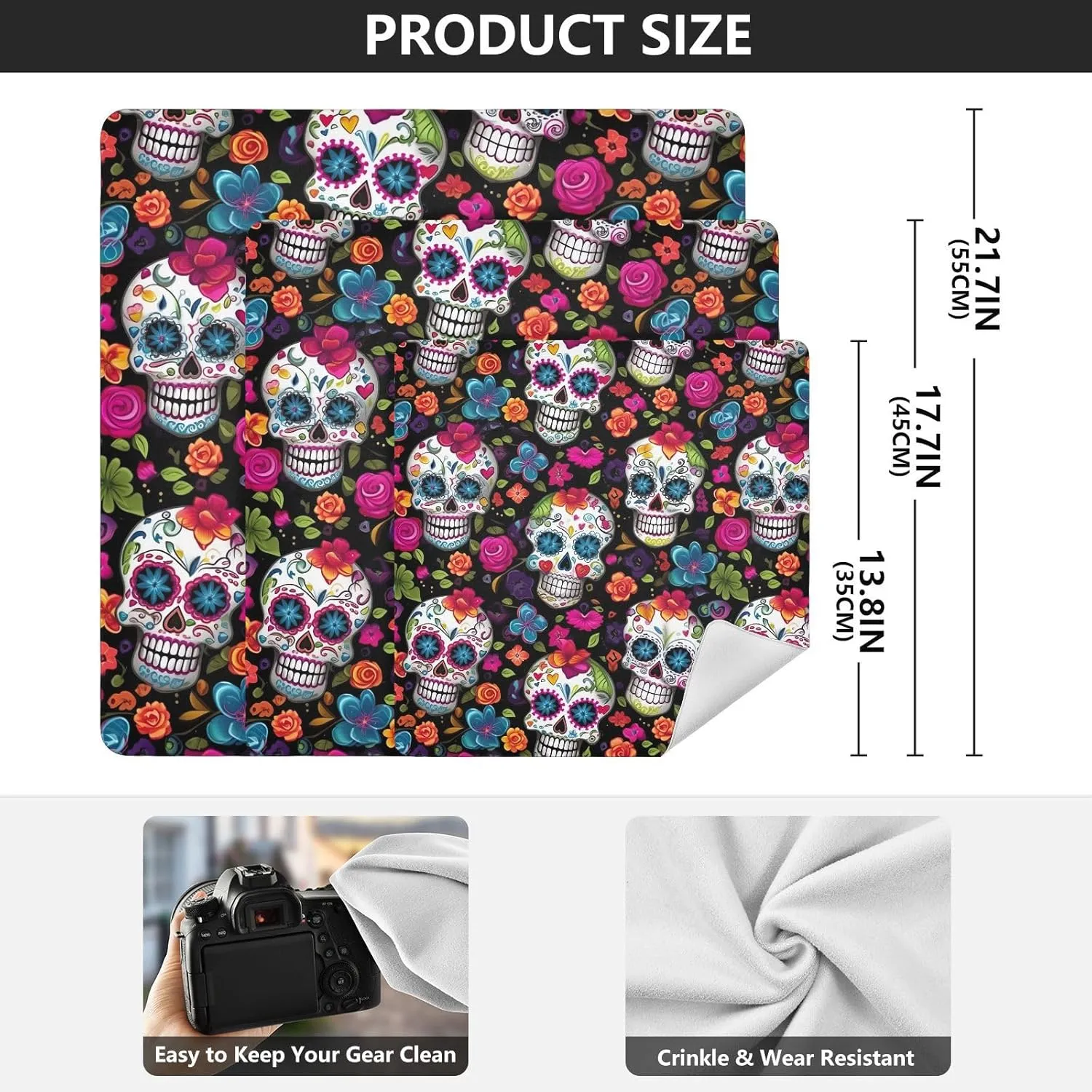 ODAWA Self-adhesive Cloth 21.7"x21.7" Colorful Skulls Flowers Anti-scratch Lens Camera Wrap Wrap Protection for Camera and Lens