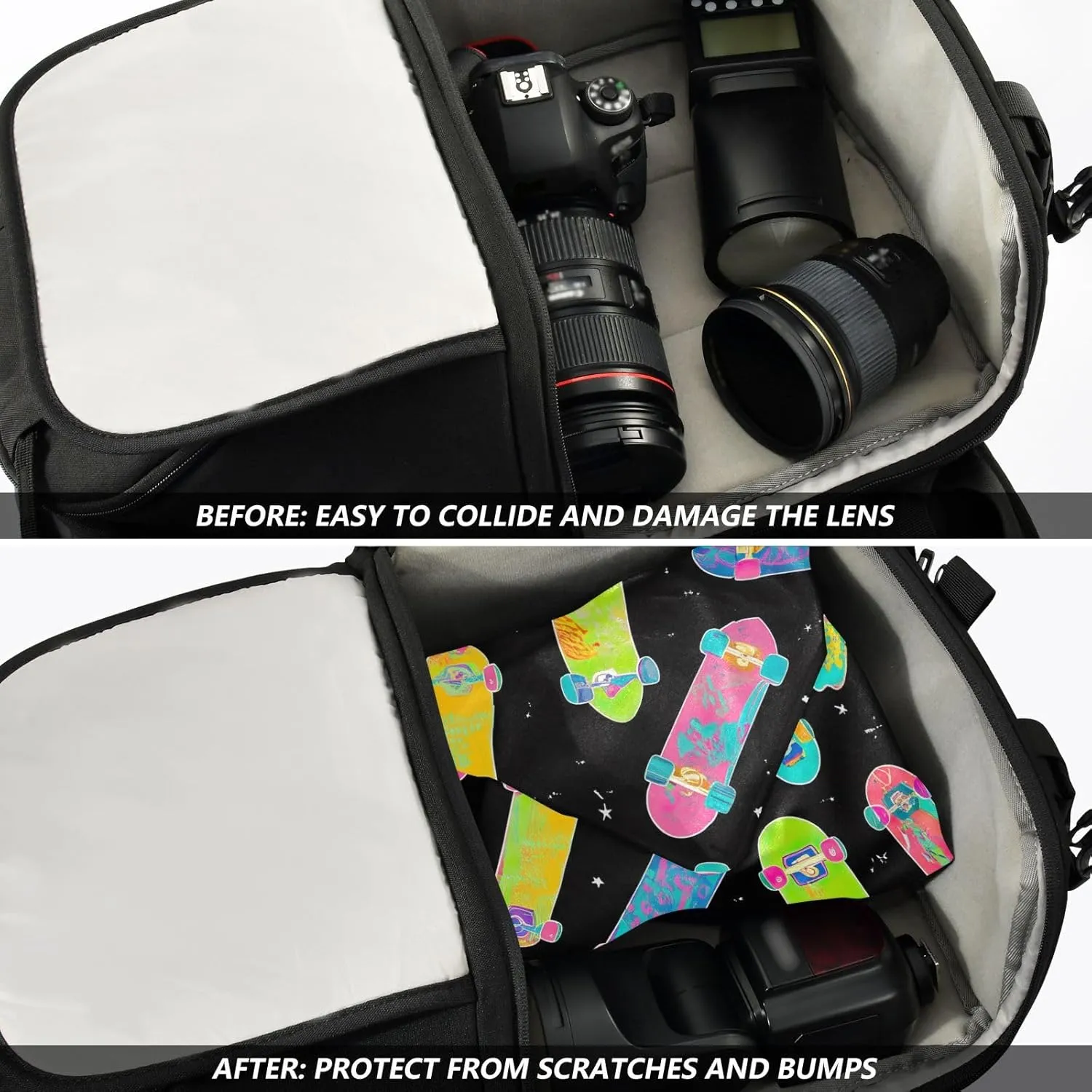 ODAWA Self-adhesive Magic Cloth 21.7 In, Colorful Skateboards Black Travel Makeup Bag Organizer, Easy-Storage Magic Cloths for Camera