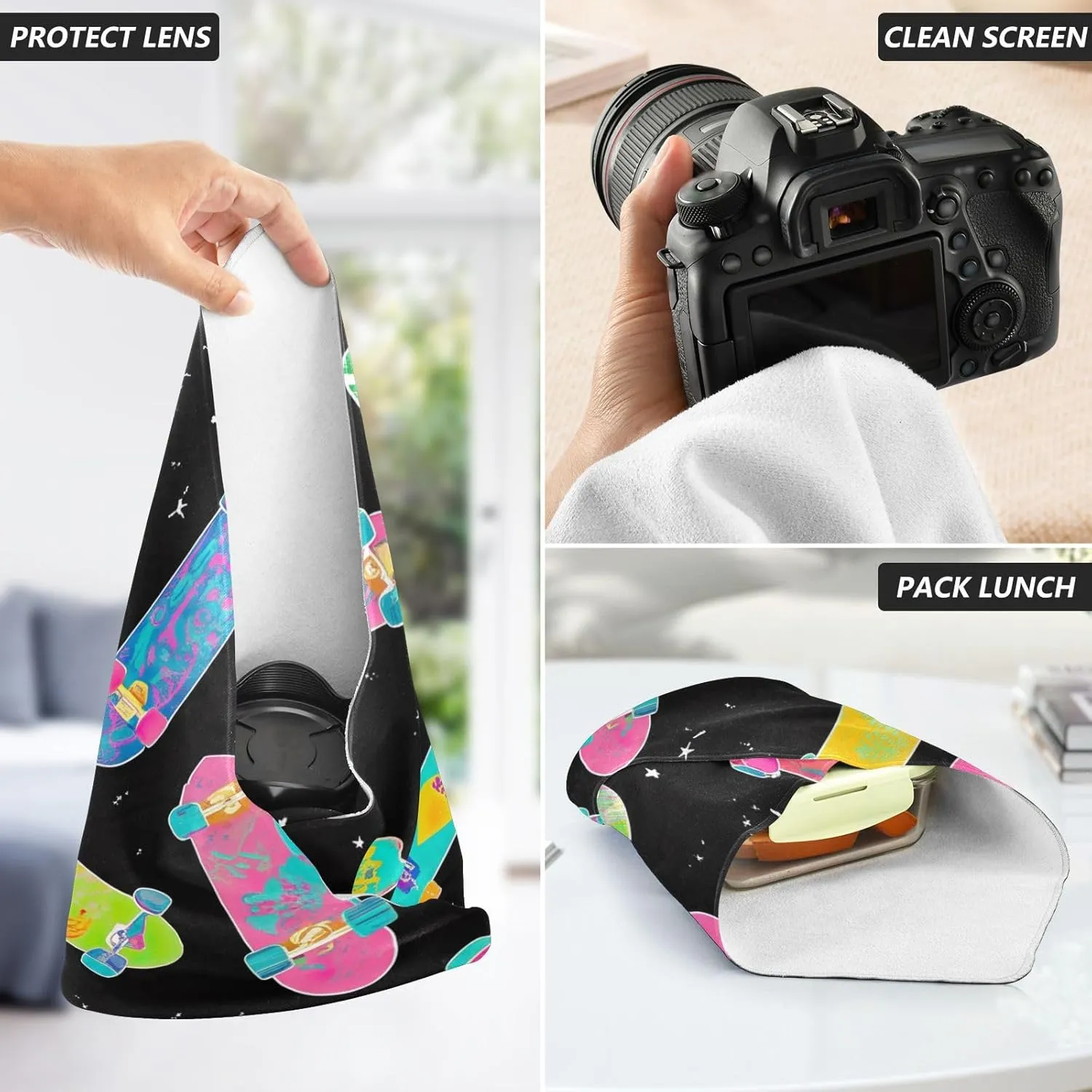 ODAWA Self-adhesive Magic Cloth 21.7 In, Colorful Skateboards Black Travel Makeup Bag Organizer, Easy-Storage Magic Cloths for Camera