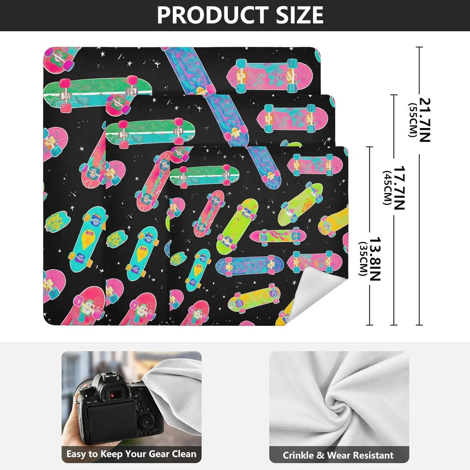 ODAWA Self-adhesive Magic Cloth 21.7 In, Colorful Skateboards Black Travel Makeup Bag Organizer, Easy-Storage Magic Cloths for Camera