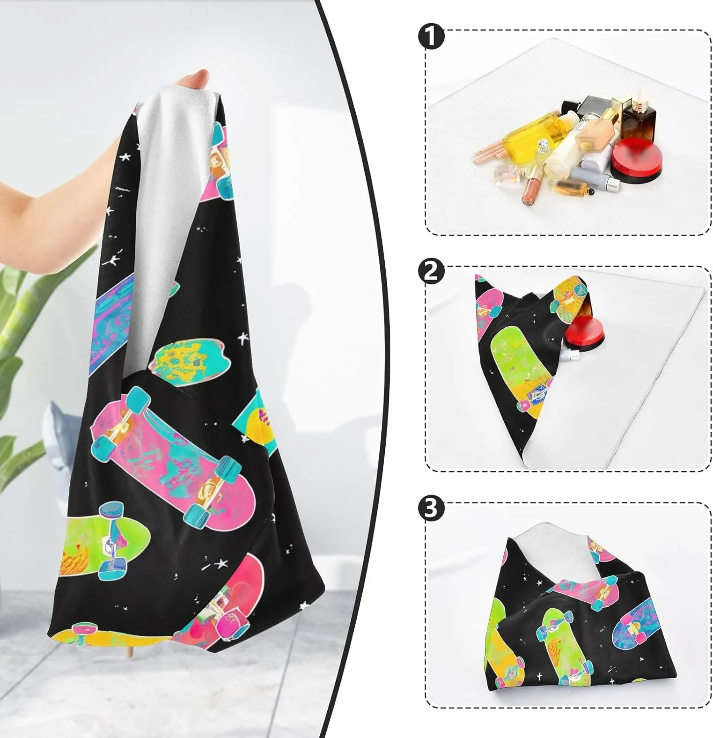 ODAWA Self-adhesive Magic Cloth 21.7 In, Colorful Skateboards Black Travel Makeup Bag Organizer, Easy-Storage Magic Cloths for Camera