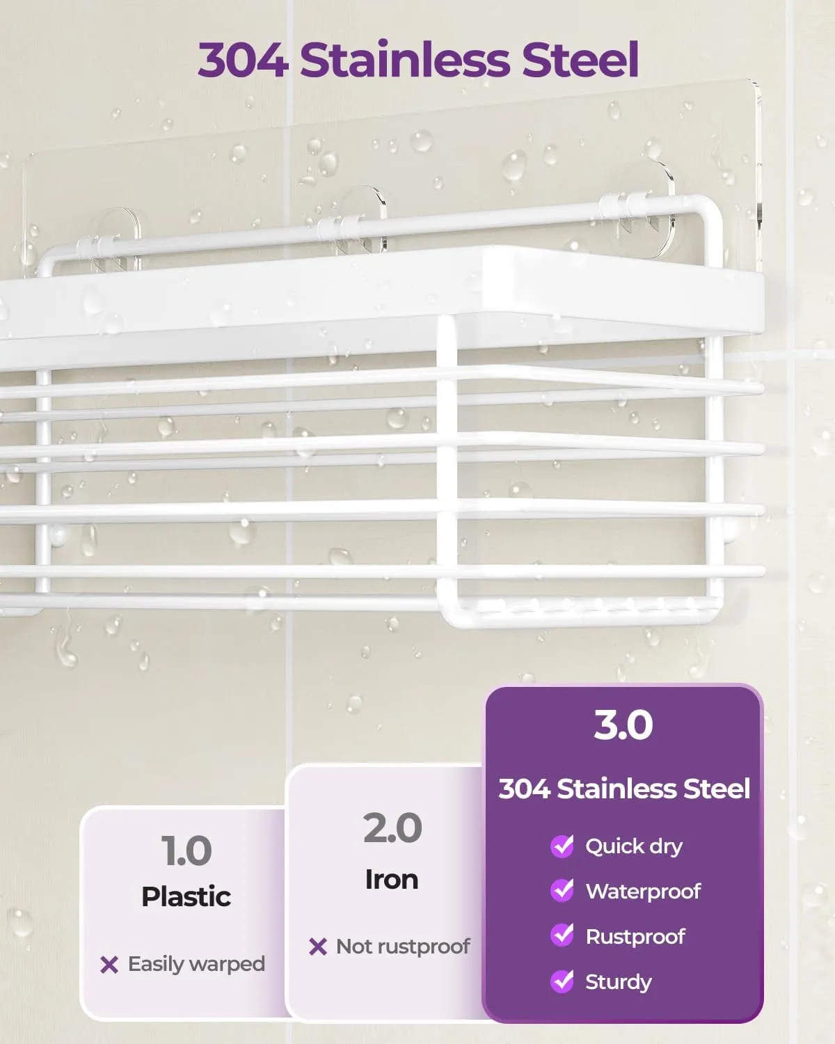ODesign Shower Caddy 3 Pack-Shower Bathroom Shelves Rack,Rustproof Wall Mounted SUS304 Stainless Steel-No Drilling,Adhesive Shower Shelf Basket Organizer-White