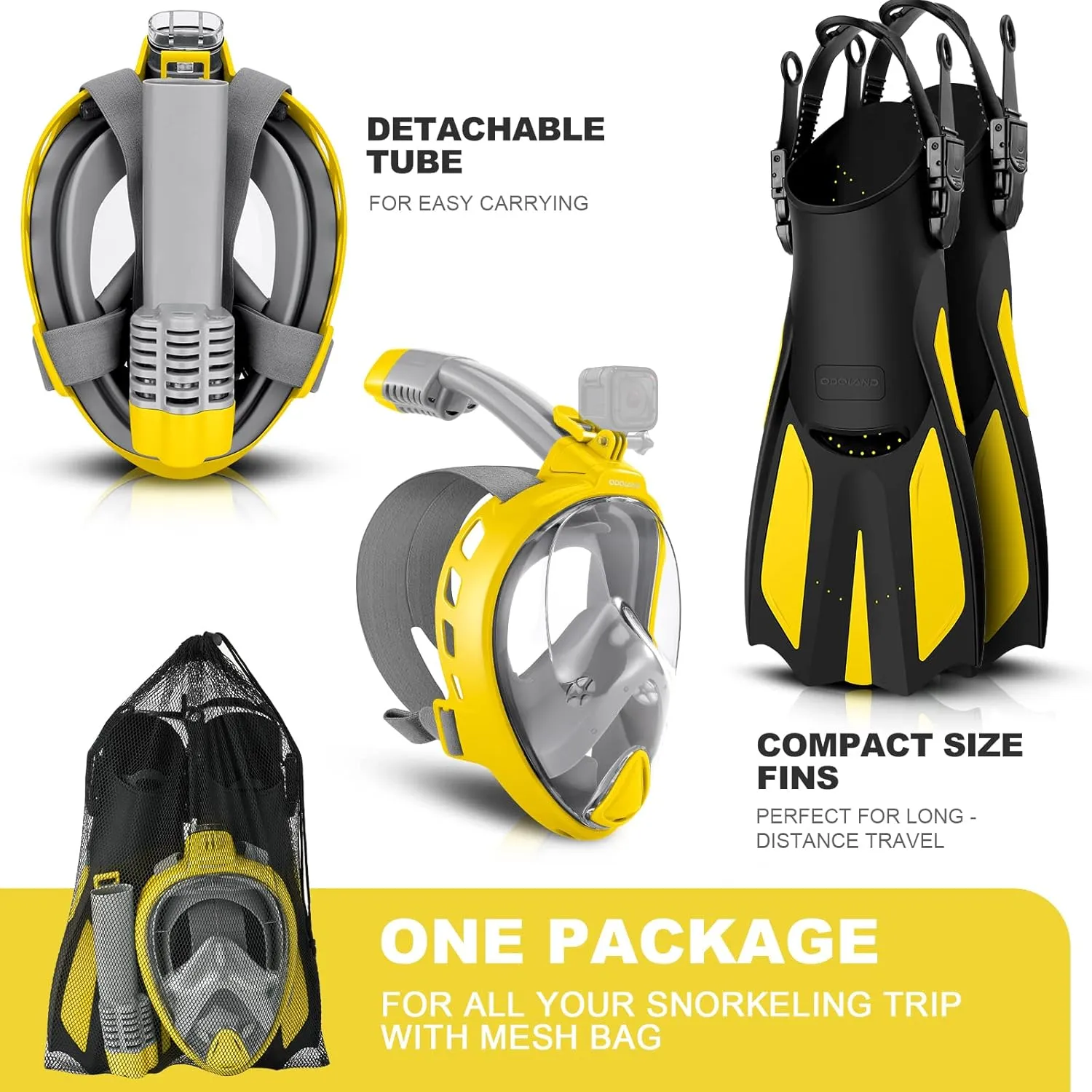 Odoland Snorkeling Packages for Adults & Youth, Full Face Snorkel Mask with Camera Mount, Adjustable Swim Fins, Mesh Bag, Anti-Fog Anti-Leak Scuba Diving Gear for Men & Women