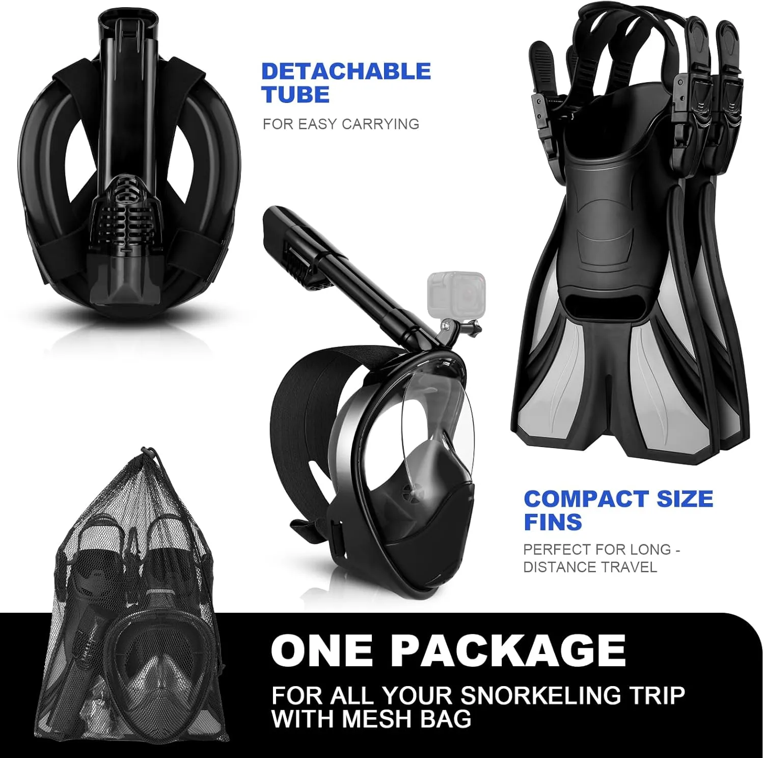 Odoland Snorkeling Packages, Full Face Snorkel Mask for Adults & Youth with Camera Mount, Adjustable Swim Fins, Anti-Fog Anti-Leak Diving Gear for Men Women Teens