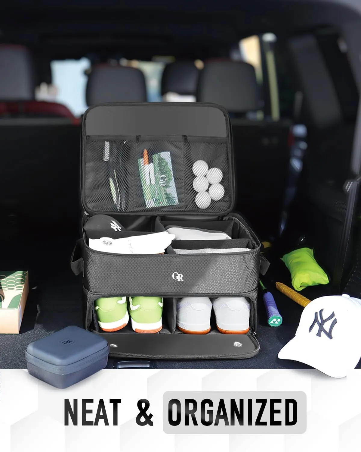 Odor-Absorbing 2-Layer Large Golf Trunk Organizer with Activated Carbon Fabric - Water-Resistant Golf Shoe Bag for Shoes Balls Tees Clothes Gloves Golf Accessories, Fathers Day Dad Gifts for Men