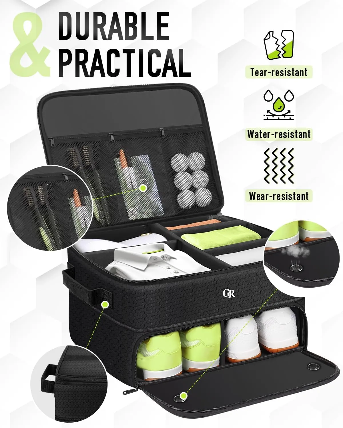 Odor-Absorbing 2-Layer Large Golf Trunk Organizer with Activated Carbon Fabric - Water-Resistant Golf Shoe Bag for Shoes Balls Tees Clothes Gloves Golf Accessories, Fathers Day Dad Gifts for Men