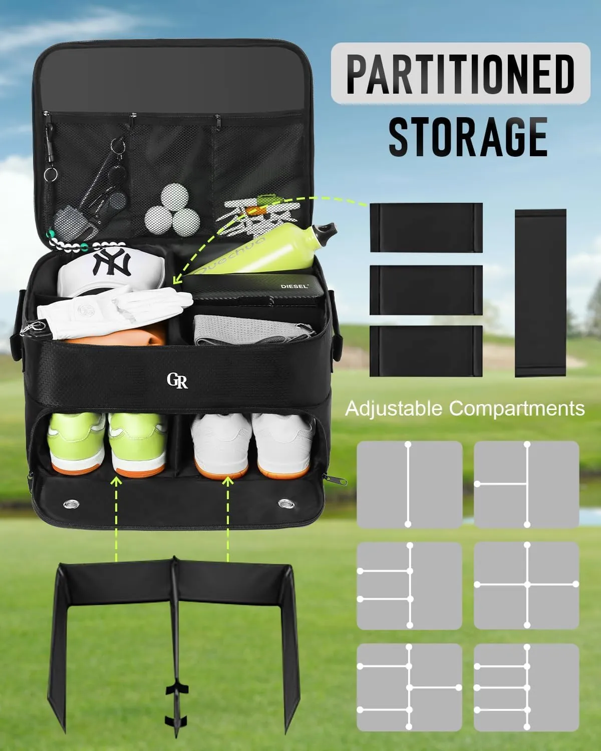 Odor-Absorbing 2-Layer Large Golf Trunk Organizer with Activated Carbon Fabric - Water-Resistant Golf Shoe Bag for Shoes Balls Tees Clothes Gloves Golf Accessories, Fathers Day Dad Gifts for Men