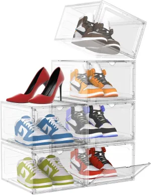 Ohuhu Shoe Boxes Storage Clear Stackable, XL Large Sneaker Containers Magnetic Front Door Drawer Type Hard Plastic Bins Boot Jordan High Heels Display Holder, 6 Pack Shoes Case Fit Up to US 13