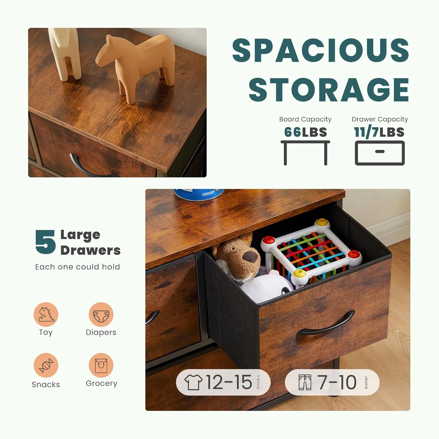 OLIXIS Dresser for Bedroom, 5 Storage Drawers, Wide Fabric Closet Chests Organizer Tower Furniture, TV Stand with Wooden Top Metal Frame for Clothes, Living Room, Hallway, Entryway, Classic Rust Brown