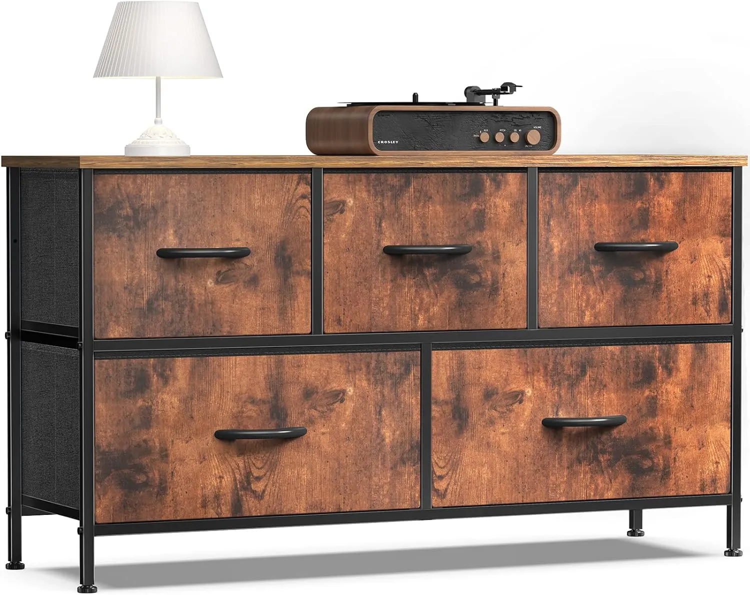 OLIXIS Dresser for Bedroom, 5 Storage Drawers, Wide Fabric Closet Chests Organizer Tower Furniture, TV Stand with Wooden Top Metal Frame for Clothes, Living Room, Hallway, Entryway, Classic Rust Brown