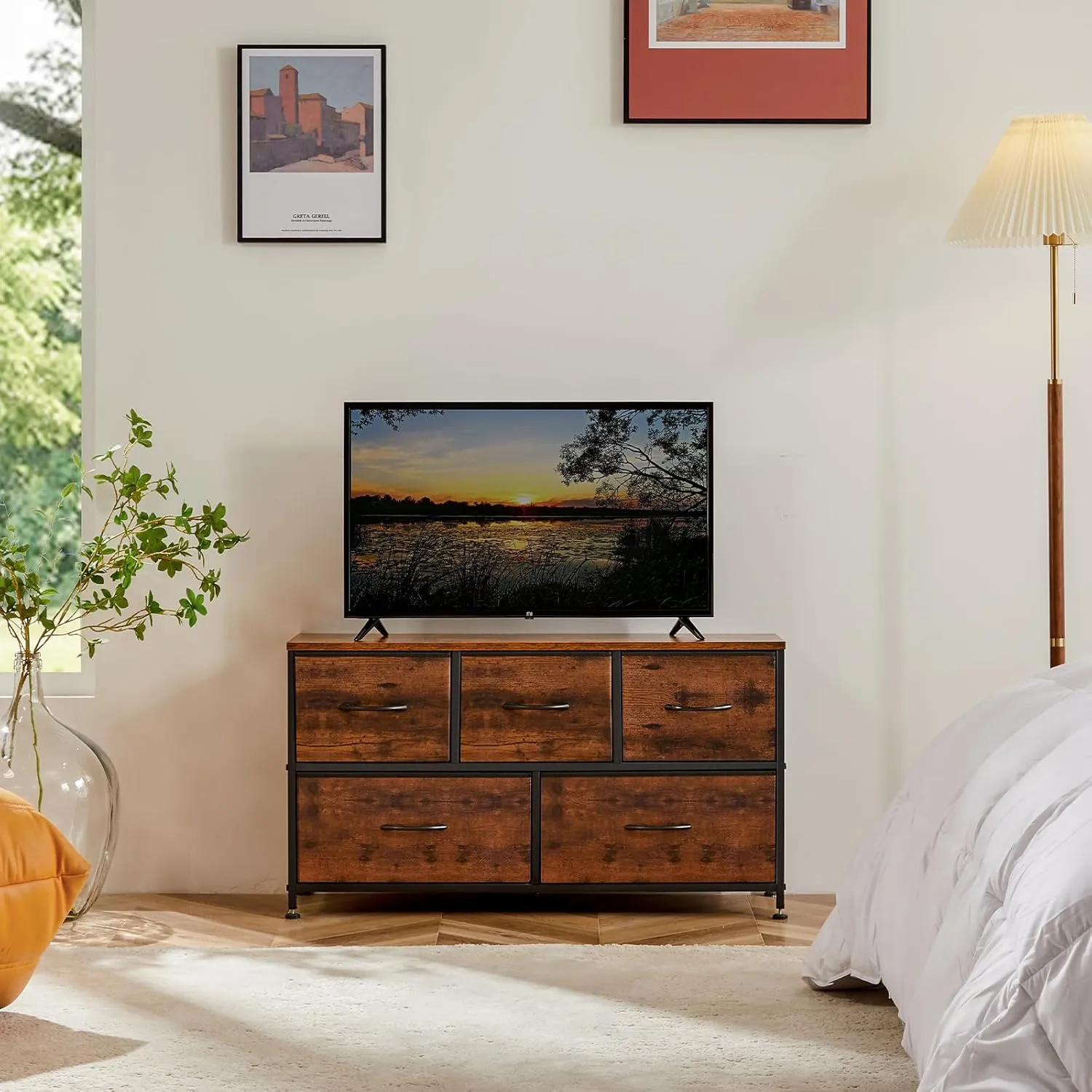 OLIXIS Dresser for Bedroom, 5 Storage Drawers, Wide Fabric Closet Chests Organizer Tower Furniture, TV Stand with Wooden Top Metal Frame for Clothes, Living Room, Hallway, Entryway, Classic Rust Brown