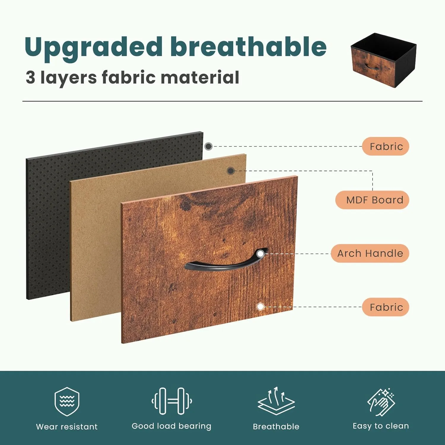 OLIXIS Dresser for Bedroom, 5 Storage Drawers, Wide Fabric Closet Chests Organizer Tower Furniture, TV Stand with Wooden Top Metal Frame for Clothes, Living Room, Hallway, Entryway, Classic Rust Brown