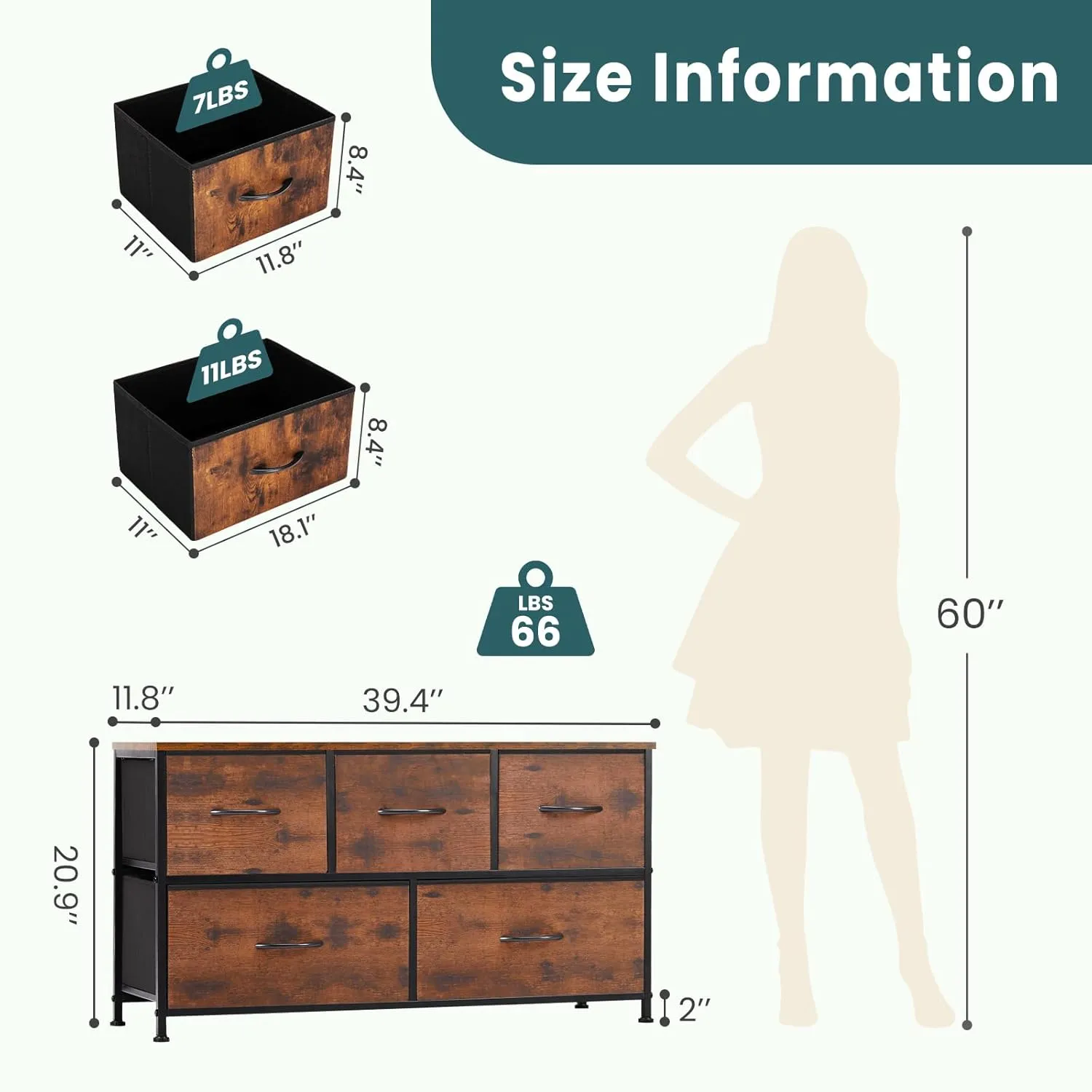 OLIXIS Dresser for Bedroom, 5 Storage Drawers, Wide Fabric Closet Chests Organizer Tower Furniture, TV Stand with Wooden Top Metal Frame for Clothes, Living Room, Hallway, Entryway, Classic Rust Brown