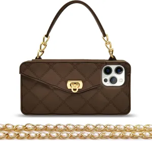 Omio Compatible with iPhone 16 Pro Wallet Case with Card Holder Luxury Chain Case with Long Pearl Shoulder Crossbody Lanyard Wrist Strap Soft Silicone Handbag Cover for iPhone 16 Pro Women Girls Brown