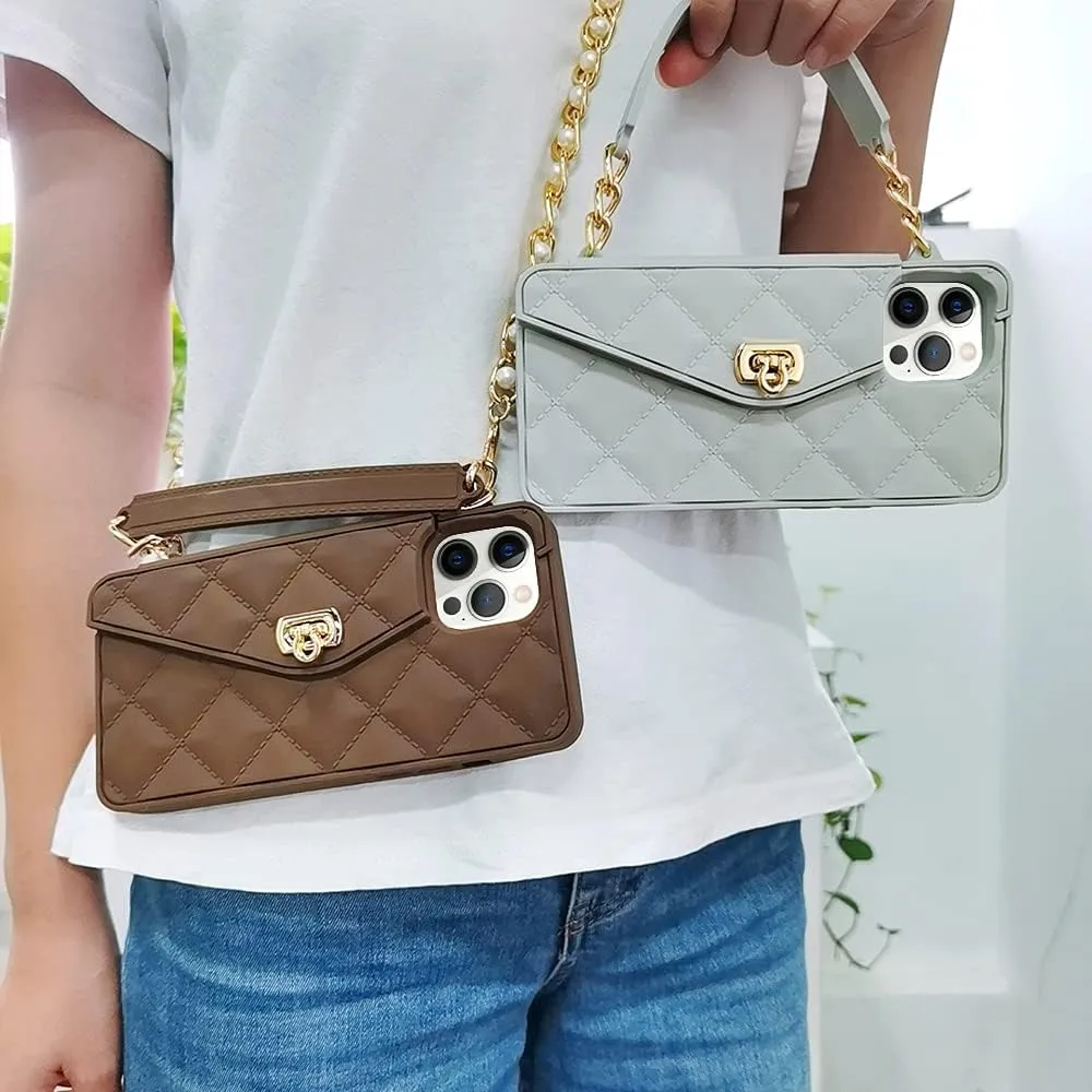 Omio Compatible with iPhone 16 Pro Wallet Case with Card Holder Luxury Chain Case with Long Pearl Shoulder Crossbody Lanyard Wrist Strap Soft Silicone Handbag Cover for iPhone 16 Pro Women Girls Brown