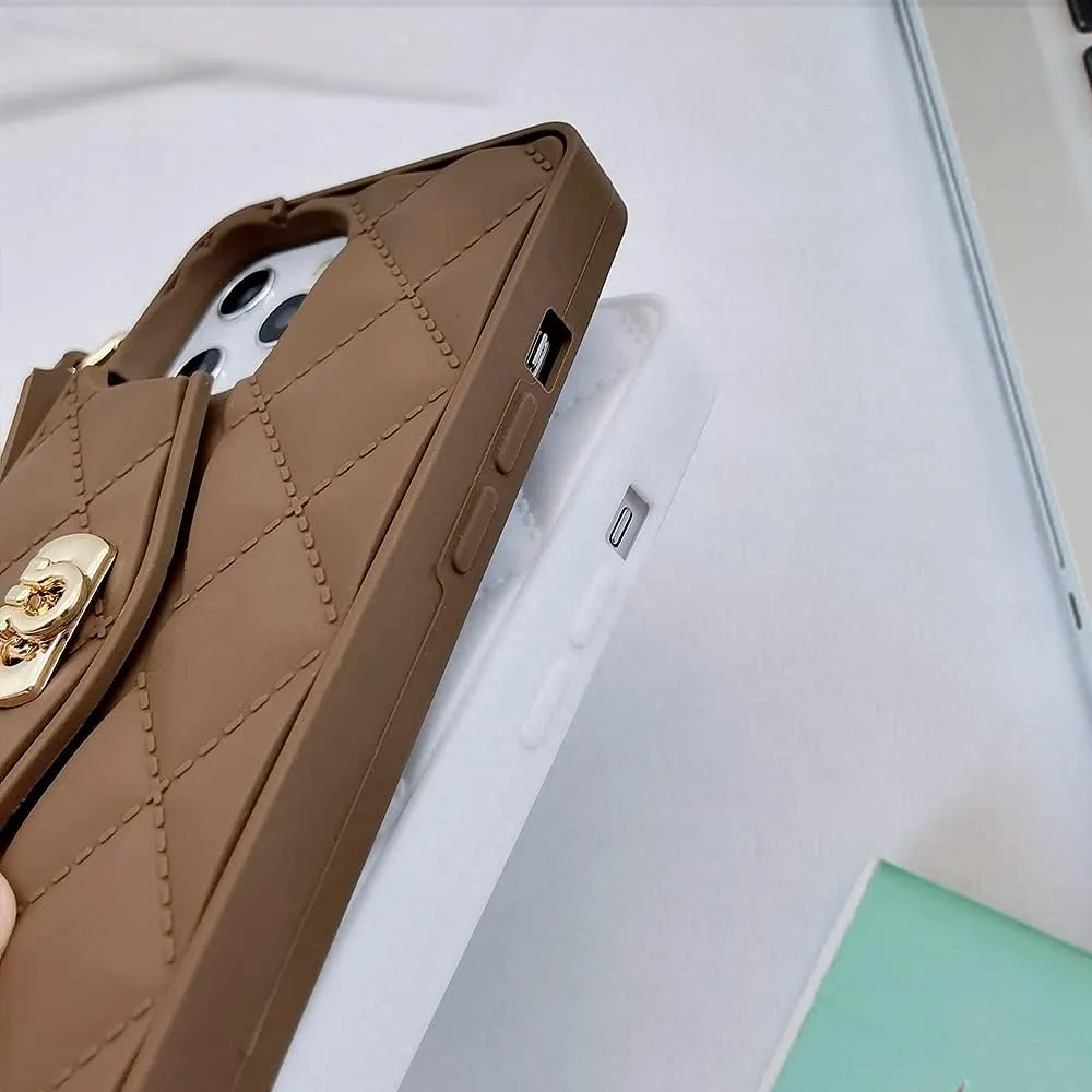Omio Compatible with iPhone 16 Pro Wallet Case with Card Holder Luxury Chain Case with Long Pearl Shoulder Crossbody Lanyard Wrist Strap Soft Silicone Handbag Cover for iPhone 16 Pro Women Girls Brown