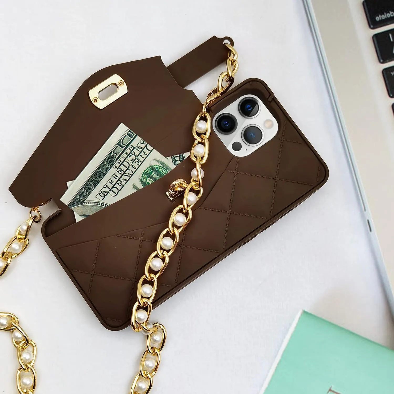 Omio Compatible with iPhone 16 Pro Wallet Case with Card Holder Luxury Chain Case with Long Pearl Shoulder Crossbody Lanyard Wrist Strap Soft Silicone Handbag Cover for iPhone 16 Pro Women Girls Brown