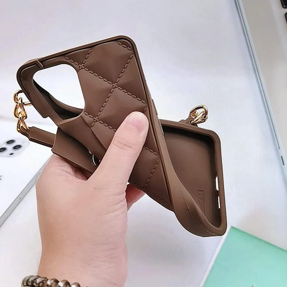 Omio Compatible with iPhone 16 Pro Wallet Case with Card Holder Luxury Chain Case with Long Pearl Shoulder Crossbody Lanyard Wrist Strap Soft Silicone Handbag Cover for iPhone 16 Pro Women Girls Brown