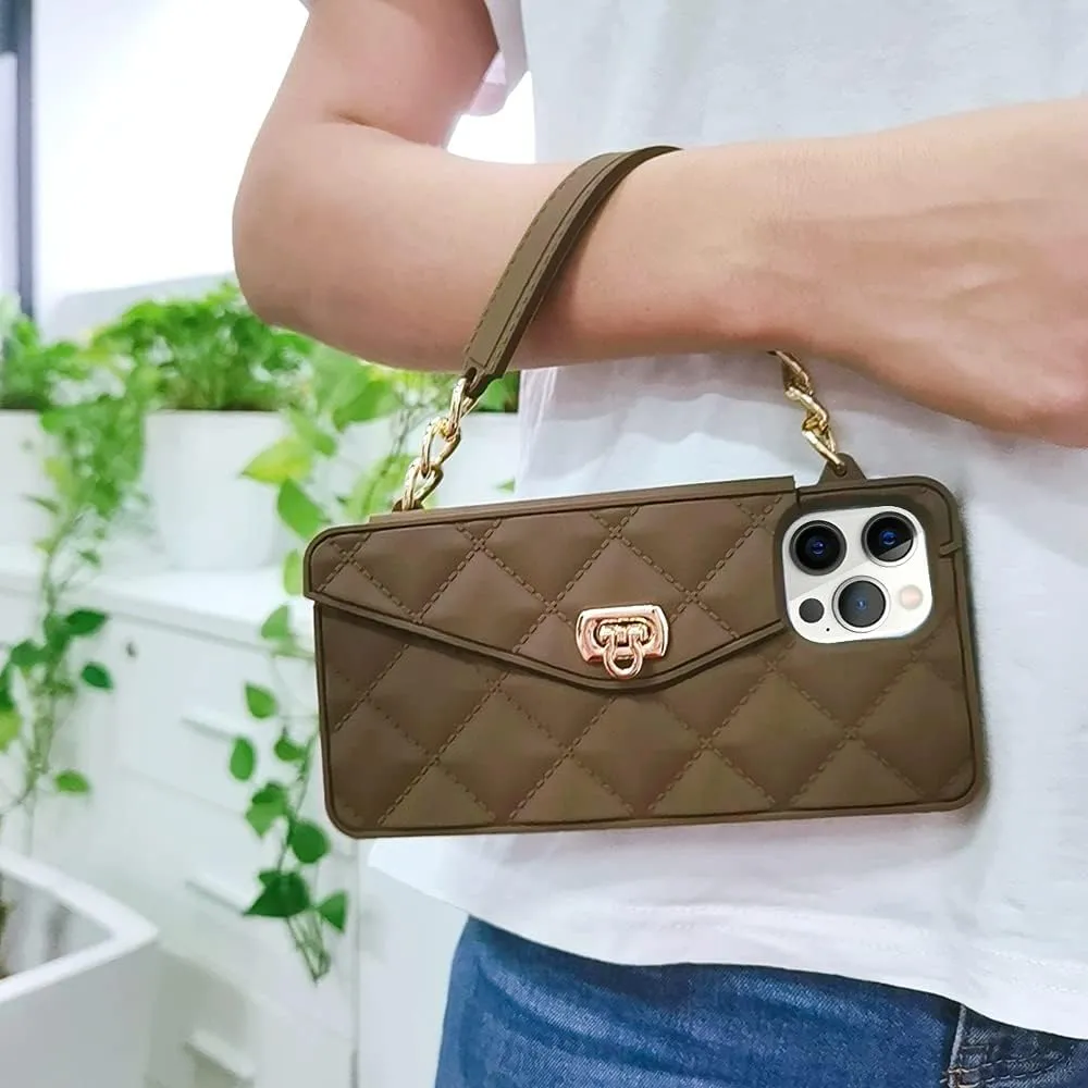 Omio Compatible with iPhone 16 Pro Wallet Case with Card Holder Luxury Chain Case with Long Pearl Shoulder Crossbody Lanyard Wrist Strap Soft Silicone Handbag Cover for iPhone 16 Pro Women Girls Brown