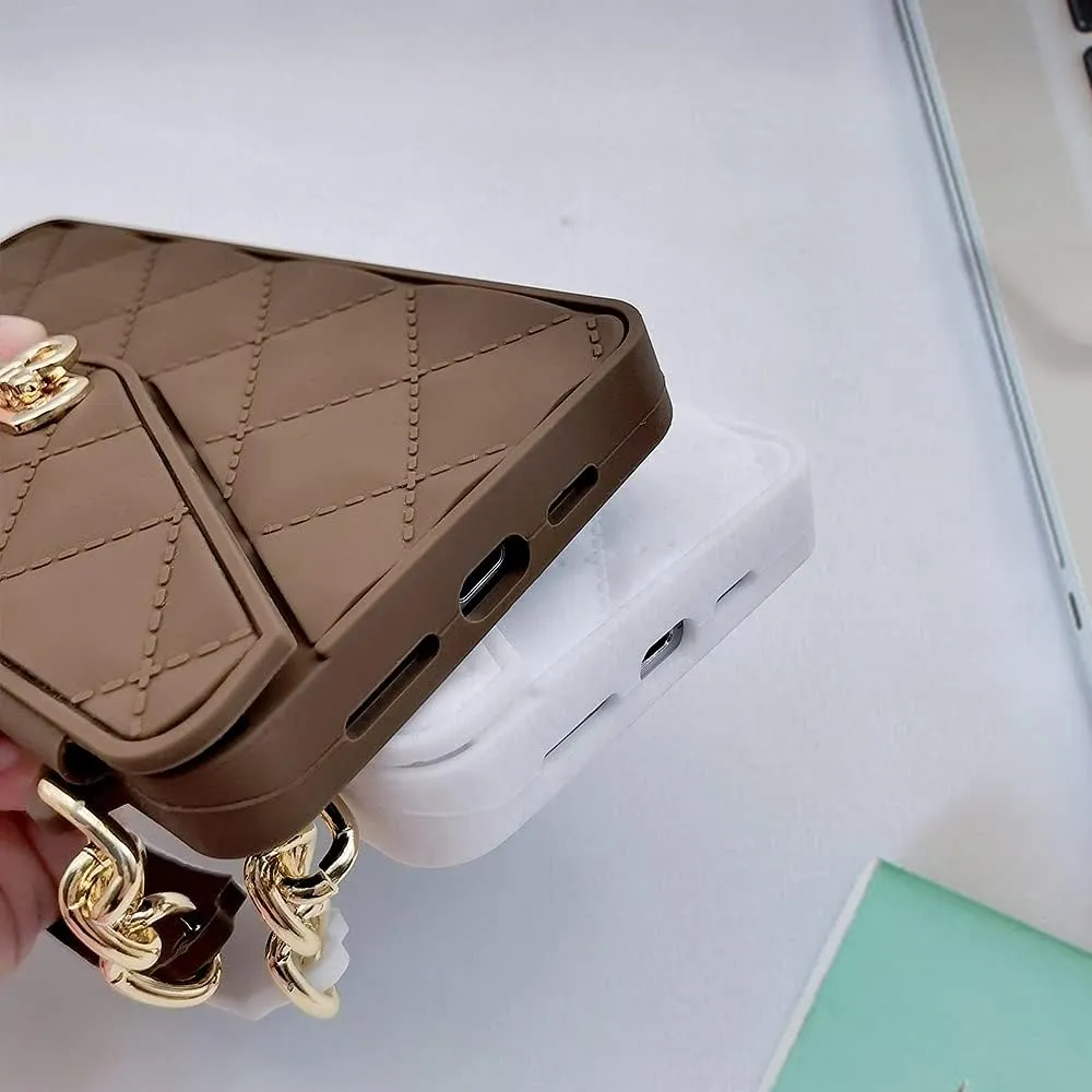 Omio Compatible with iPhone 16 Pro Wallet Case with Card Holder Luxury Chain Case with Long Pearl Shoulder Crossbody Lanyard Wrist Strap Soft Silicone Handbag Cover for iPhone 16 Pro Women Girls Brown