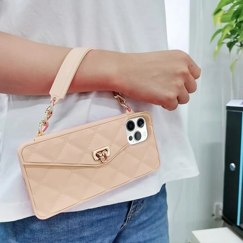 Omio for iPhone 16 Pro Max Wallet Case with Card Holder Luxury Chain Case with Long Pearl Shoulder Crossbody Lanyard Wrist Strap Soft Silicone Handbag Cover for iPhone 16 Pro Max Women Girls Gold