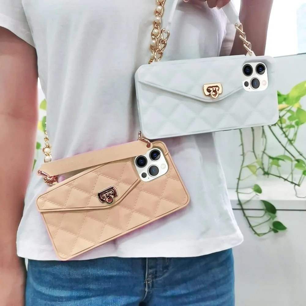 Omio for iPhone 16 Pro Max Wallet Case with Card Holder Luxury Chain Case with Long Pearl Shoulder Crossbody Lanyard Wrist Strap Soft Silicone Handbag Cover for iPhone 16 Pro Max Women Girls Gold