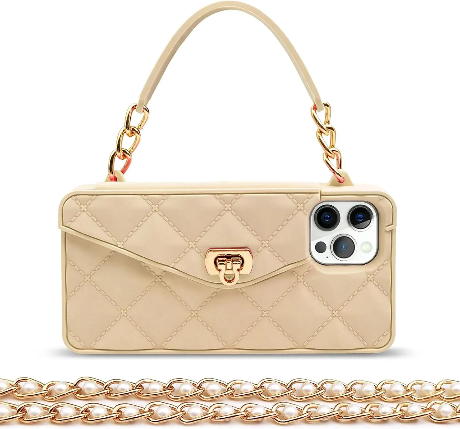 Omio for iPhone 16 Pro Max Wallet Case with Card Holder Luxury Chain Case with Long Pearl Shoulder Crossbody Lanyard Wrist Strap Soft Silicone Handbag Cover for iPhone 16 Pro Max Women Girls Gold