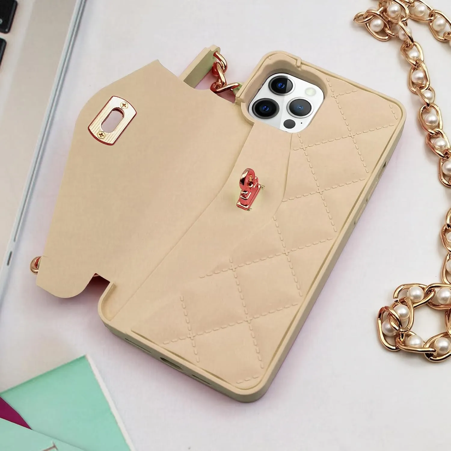 Omio for iPhone 16 Pro Max Wallet Case with Card Holder Luxury Chain Case with Long Pearl Shoulder Crossbody Lanyard Wrist Strap Soft Silicone Handbag Cover for iPhone 16 Pro Max Women Girls Gold