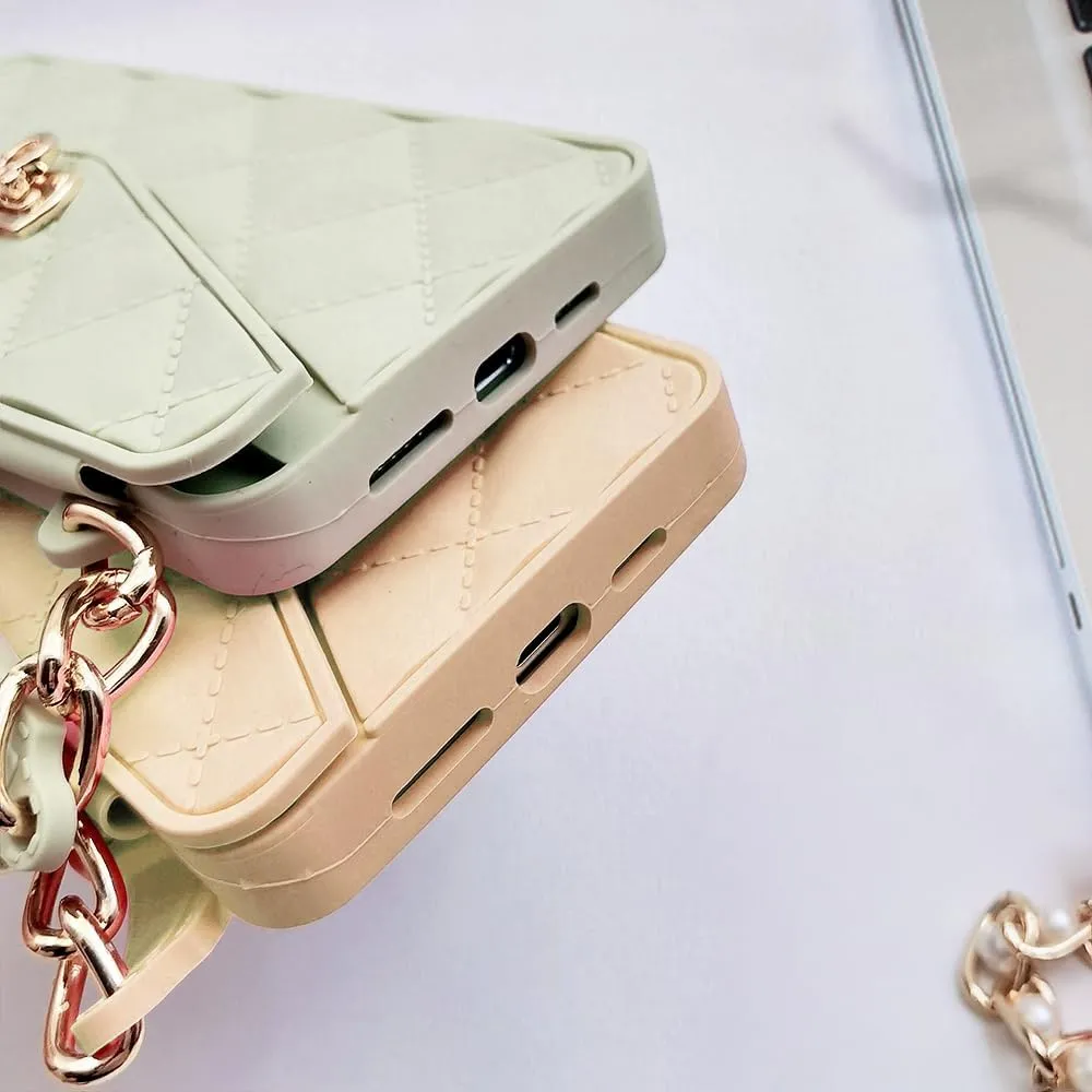 Omio for iPhone 16 Pro Max Wallet Case with Card Holder Luxury Chain Case with Long Pearl Shoulder Crossbody Lanyard Wrist Strap Soft Silicone Handbag Cover for iPhone 16 Pro Max Women Girls Gold