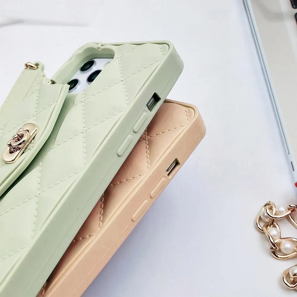 Omio for iPhone 16 Pro Max Wallet Case with Card Holder Luxury Chain Case with Long Pearl Shoulder Crossbody Lanyard Wrist Strap Soft Silicone Handbag Cover for iPhone 16 Pro Max Women Girls Gold