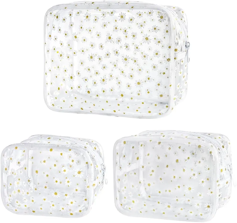 ONEART 3pcs Clear Makeup Bags,Transparent Women Cosmetic Bag with Zipper,Daisy Beauty Case,Make Up Organizer Storage,Bath Toiletry Wash Bag