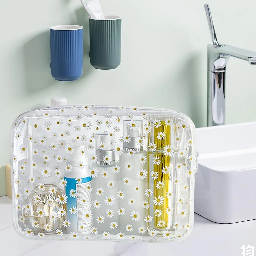 ONEART 3pcs Clear Makeup Bags,Transparent Women Cosmetic Bag with Zipper,Daisy Beauty Case,Make Up Organizer Storage,Bath Toiletry Wash Bag