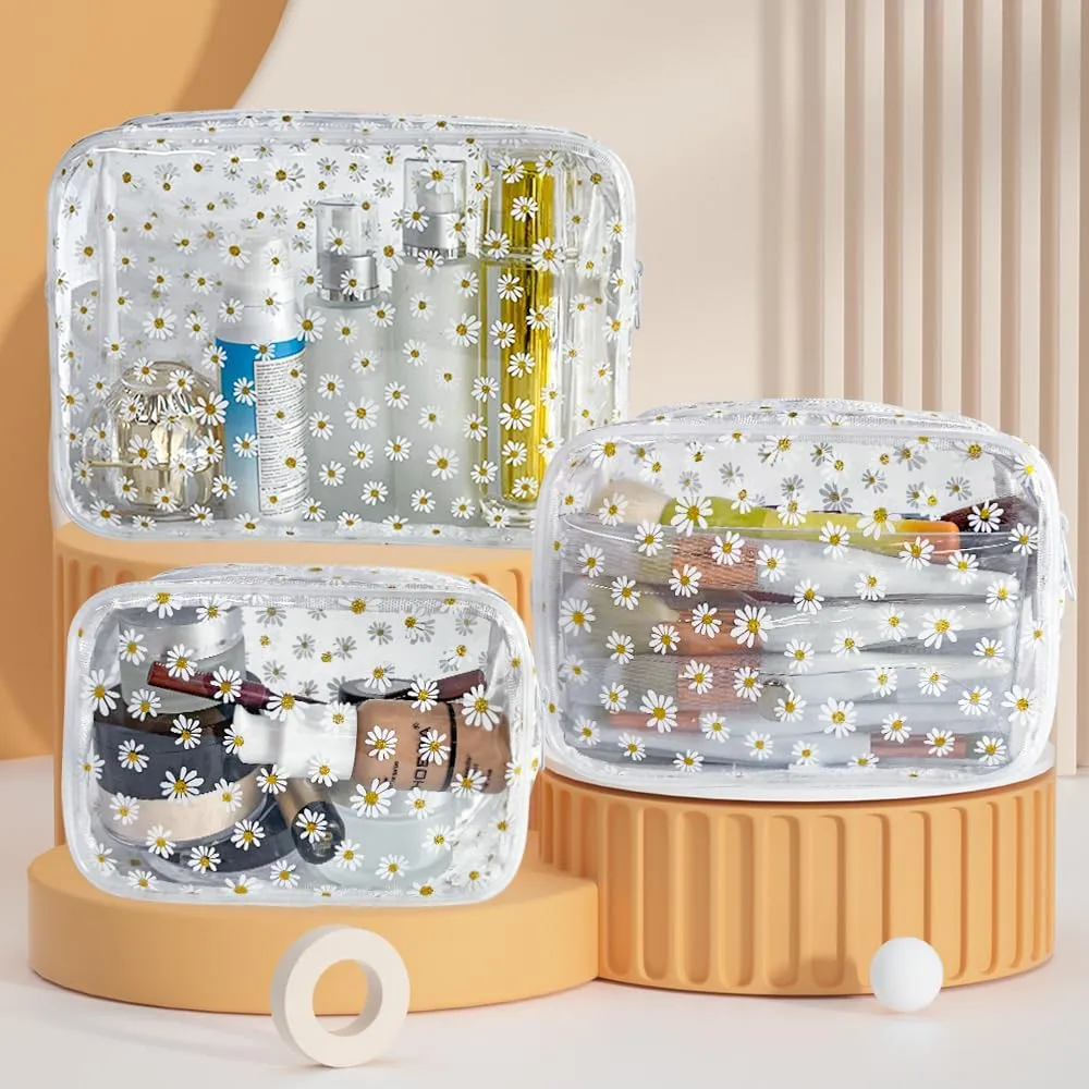 ONEART 3pcs Clear Makeup Bags,Transparent Women Cosmetic Bag with Zipper,Daisy Beauty Case,Make Up Organizer Storage,Bath Toiletry Wash Bag