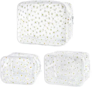ONEART 3pcs Clear Makeup Bags,Transparent Women Cosmetic Bag with Zipper,Daisy Beauty Case,Make Up Organizer Storage,Bath Toiletry Wash Bag