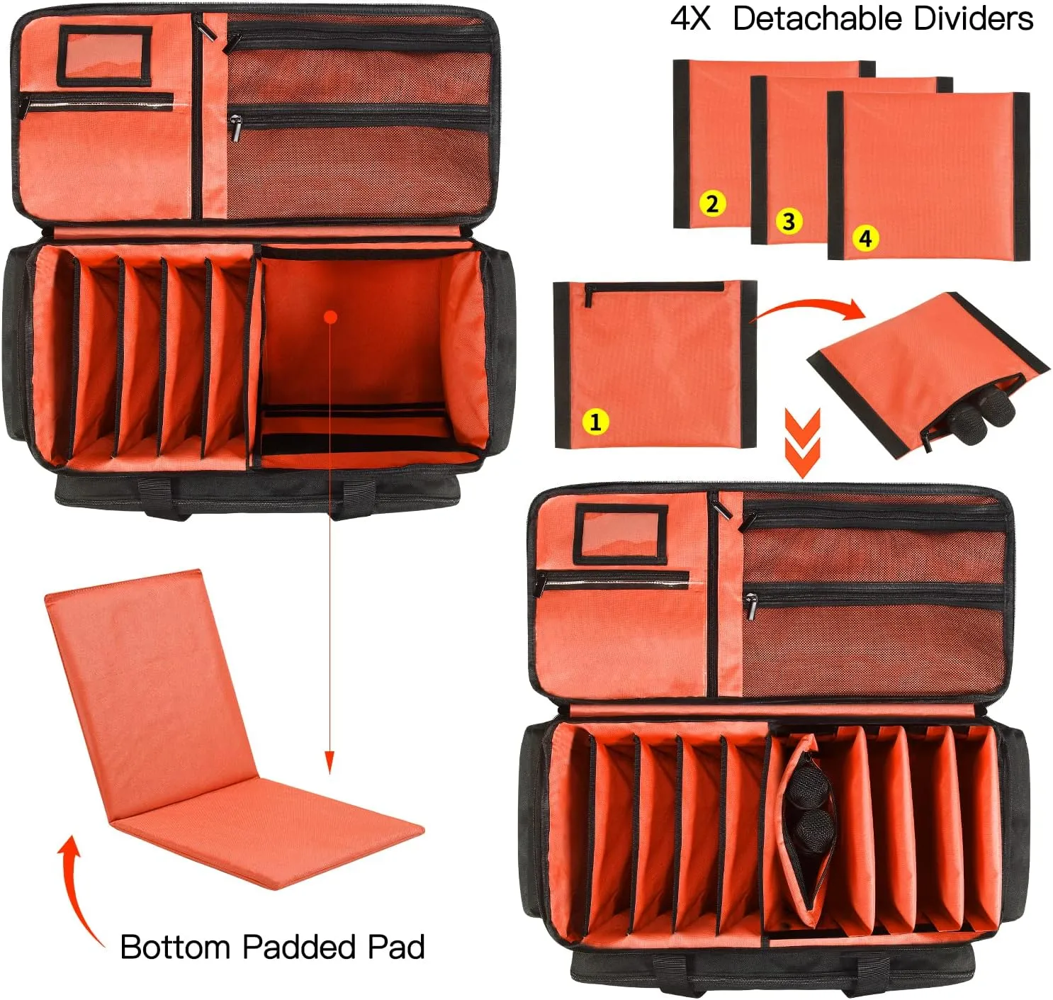 Orange Large DJ Cable File Bag - Gear Storage Organizer with Detachable Padded Bottom and Dividers, Travel Gig Bag for Cords, Sound Equipment, Musician Accessories