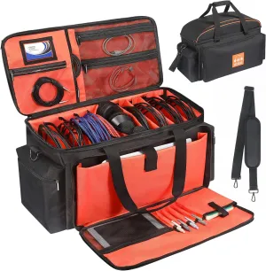 Orange Large DJ Cable File Bag - Gear Storage Organizer with Detachable Padded Bottom and Dividers, Travel Gig Bag for Cords, Sound Equipment, Musician Accessories