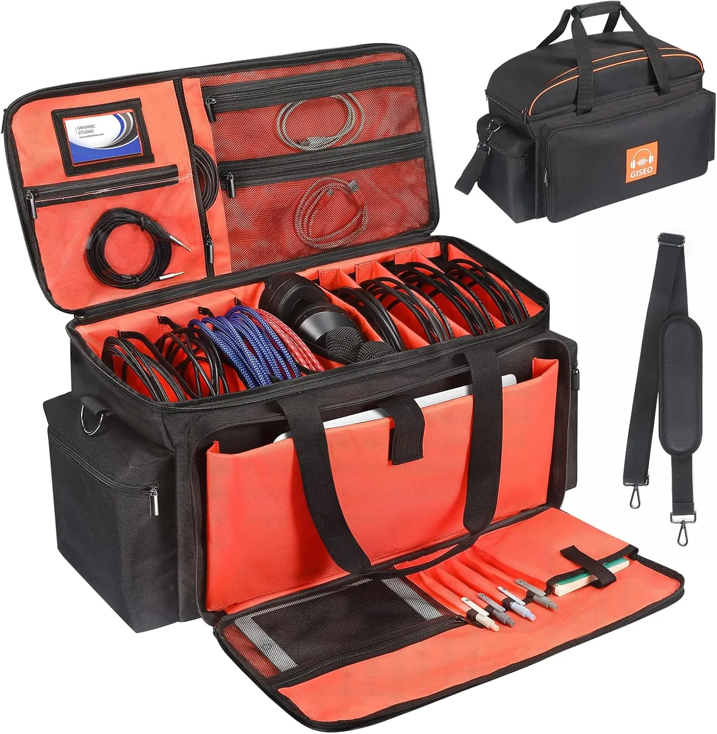 Orange Large DJ Cable File Bag - Gear Storage Organizer with Detachable Padded Bottom and Dividers, Travel Gig Bag for Cords, Sound Equipment, Musician Accessories