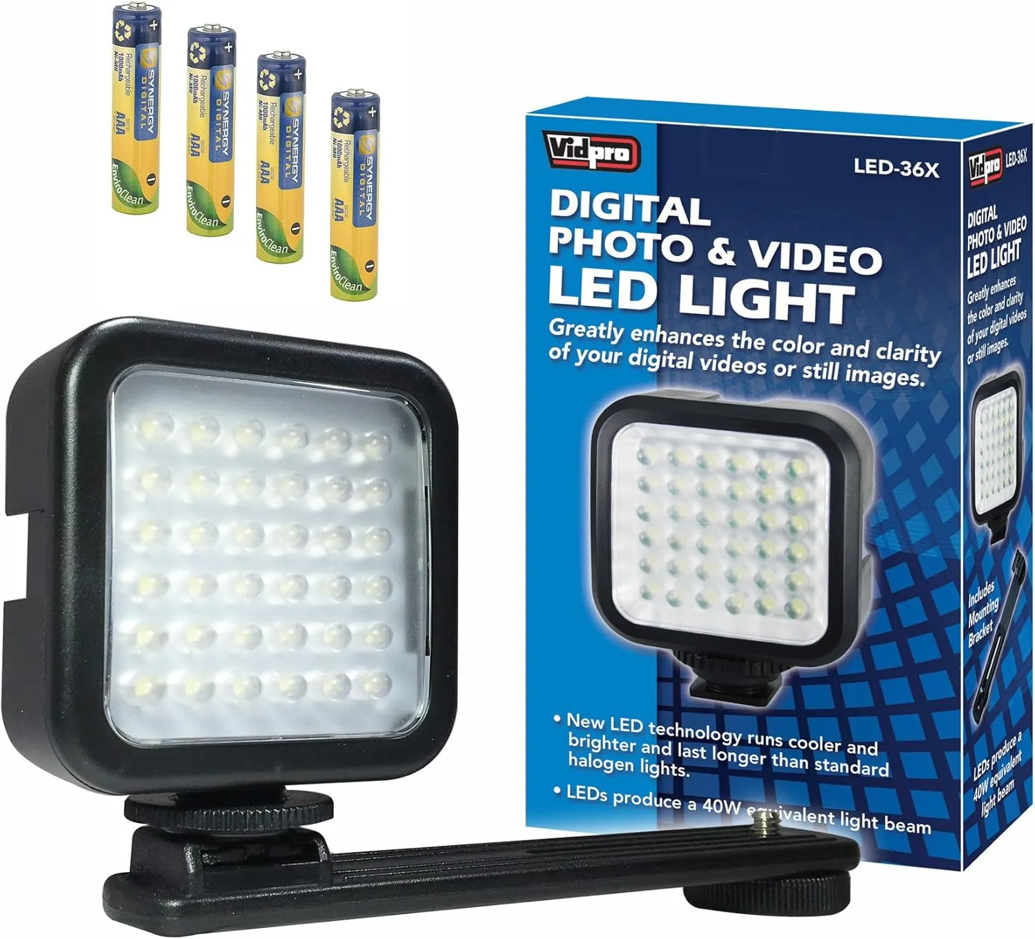 Oregon Scientific ATC9K Camcorder Lighting LED-36X On-Camera LED Video Light - with a Pack of 4 AAA NiMH Rechargable Batteries - 1000mAh